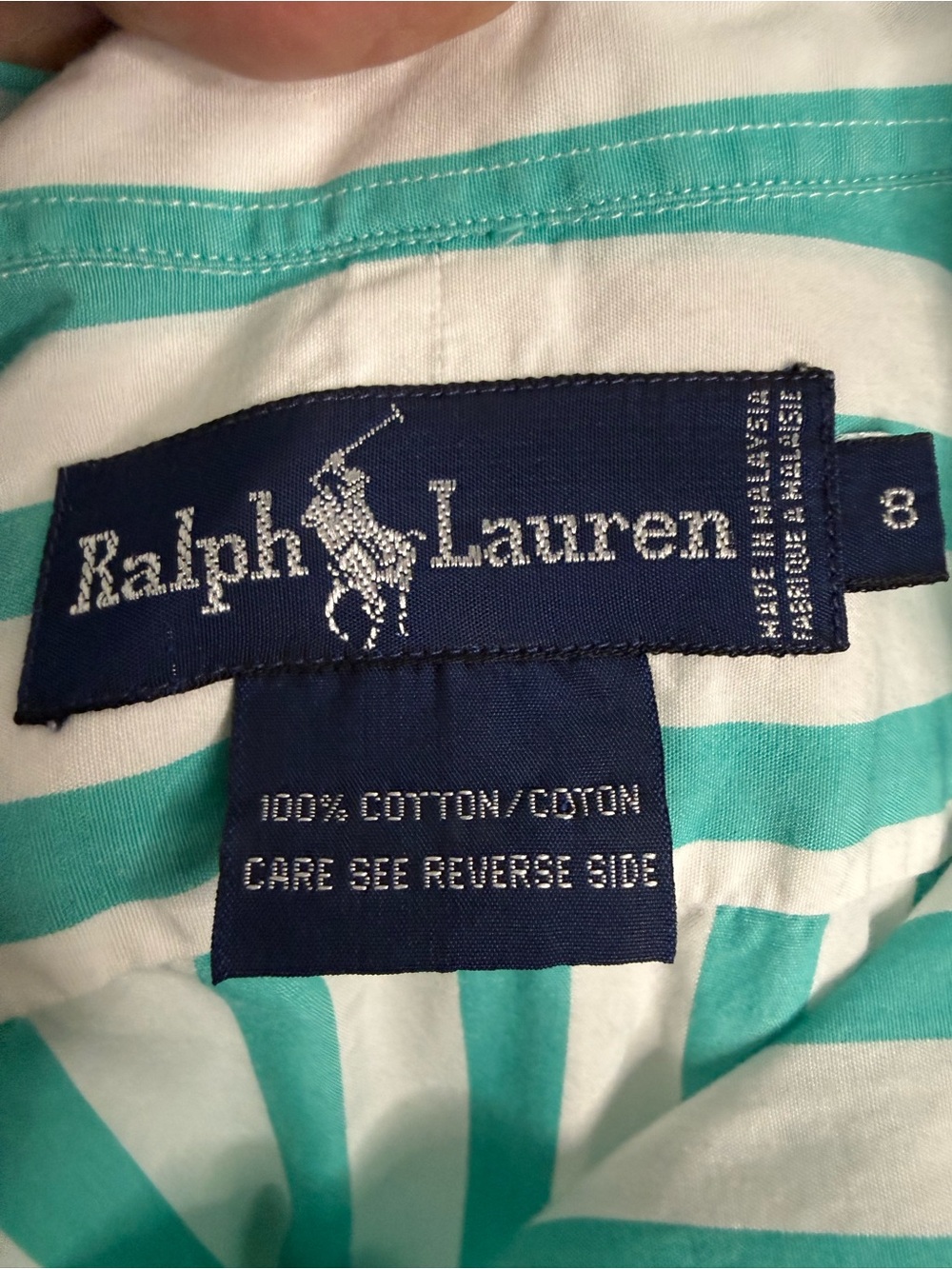 Ralph Lauren Button-Up Shirt Turquoise White Striped Long Sleeve Women’s Size 8 - Picture 3 of 9